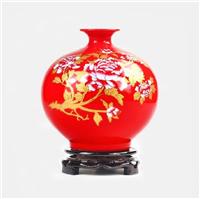 中国红花瓶荷花描金 结婚礼品 家居工艺品摆件