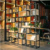 美式家具铁艺咖啡厅实木格子书柜  LOFT展示架