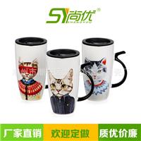 创意卡通大容量猫咪带盖陶瓷杯马克杯简约时尚情侣咖啡杯学生水杯