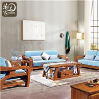 萬家達 胡桃木全實木沙發茶幾組合現代中式布藝大款客廳會客沙發