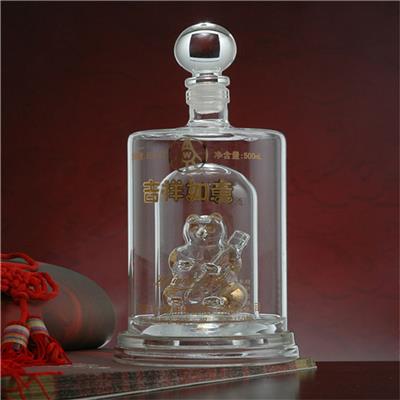 永鑫透明玻璃工艺酒瓶定制双层直管形内置小熊造型空酒瓶