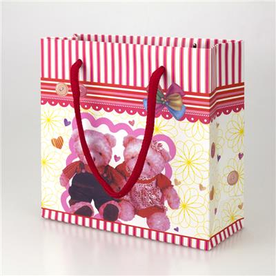厂家现货批发小号时尚熊夫妇礼品袋 粉色条纹纸质手提袋纸袋包装