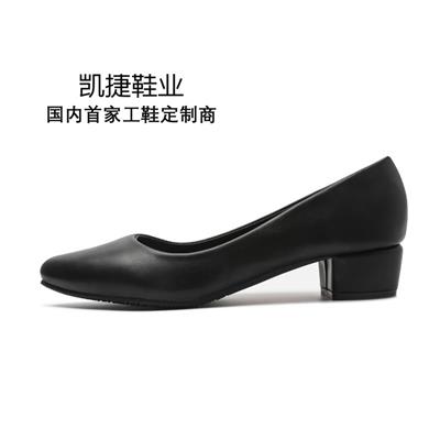 广州凯捷圆头工作鞋女工鞋女士工装鞋黑色真皮平跟圆头职业鞋生产厂家