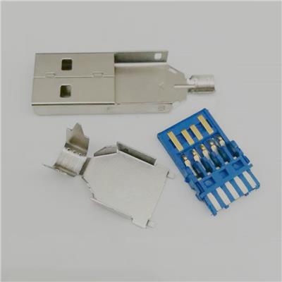 USB 3.0公头 三件式 三件套 上下壳+A公3.0胶芯 9PIN 焊线式 蓝色胶芯 总长L=36.1mm
