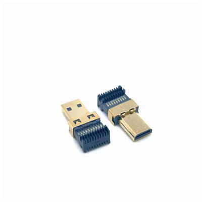 MICRO焊线公头 D型口HDMI公头 带线夹自动焊 镀金铜壳