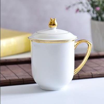 陶瓷中式会议茶杯定制logo礼品创意金把手办公酒店骨瓷带盖水杯