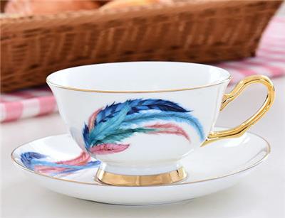 瓷亿美骨瓷简约羽毛咖啡杯碟 清新家用描金陶瓷花茶杯