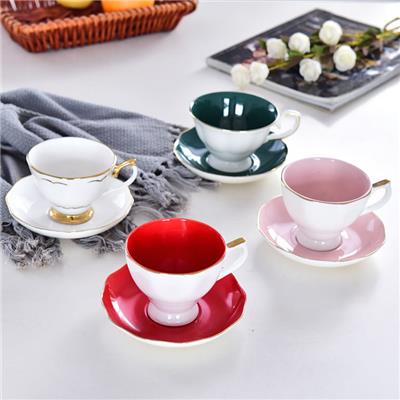 瓷亿美厂家批发骨瓷彩釉咖啡杯碟 欧式家用描金陶瓷花茶杯