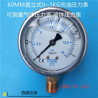 YN60，60MM直立式0－1KG充油耐震压力表，充油抗振压力表液压表
