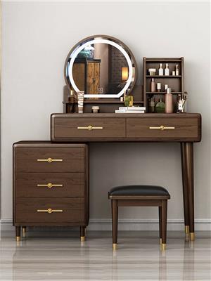 新中式实木梳妆台卧室现代简约可伸缩收纳柜一体化妆桌梳妆柜带灯