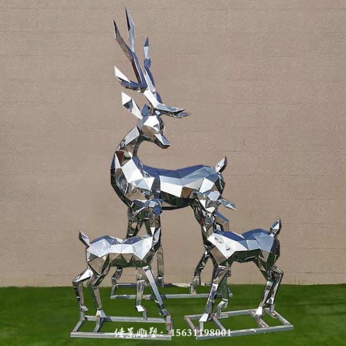定制不锈钢几何母子鹿雕塑结构,不锈钢梅花鹿