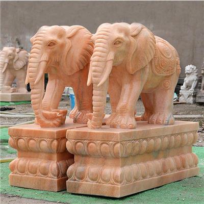 盛祖雕塑 石雕大象一对汉白玉晚霞红青石看门石象庭院酒