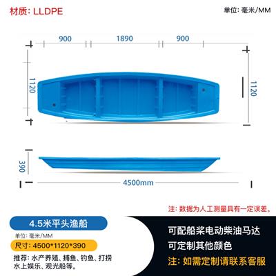 重庆4.5米平头蓝色塑料双层牛筋pe渔船 河道打捞工作船钓鱼船