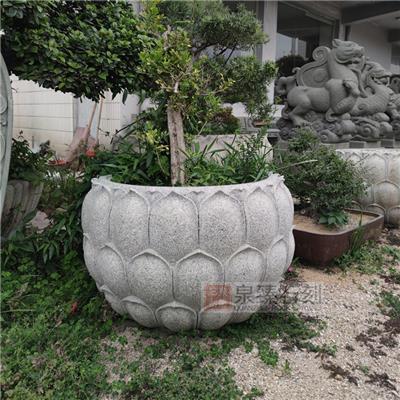 禅意石雕花钵 莲花石雕水钵 园林石雕定制